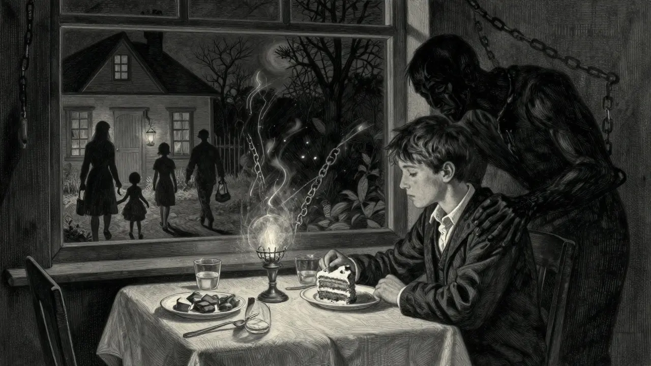 Dítě samotné u stolu, v zrcadle se objevuje stín poruchy, rodina přichází.