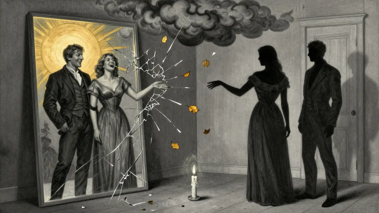 Dvojice na opačných stranách rozbitého zrcadla, které odrazuje dvě různé reality.