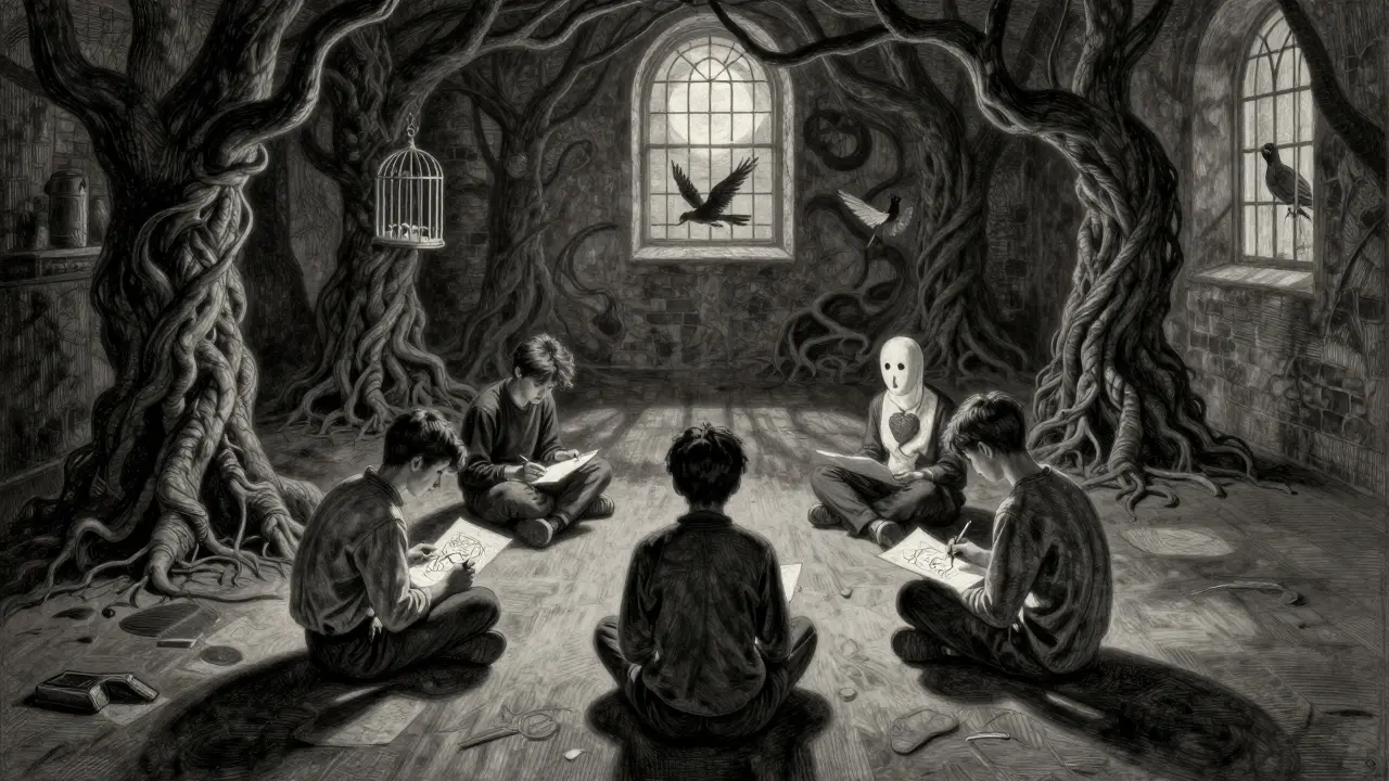 Five adolescents silently drawing in a circle, their shadows intertwined, sharing unspoken emotions.