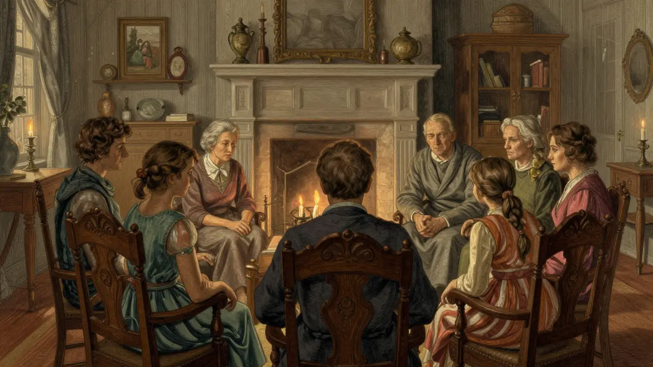 Ilustrace rodiny poskytující oporu v bezpečném domácím prostředí.