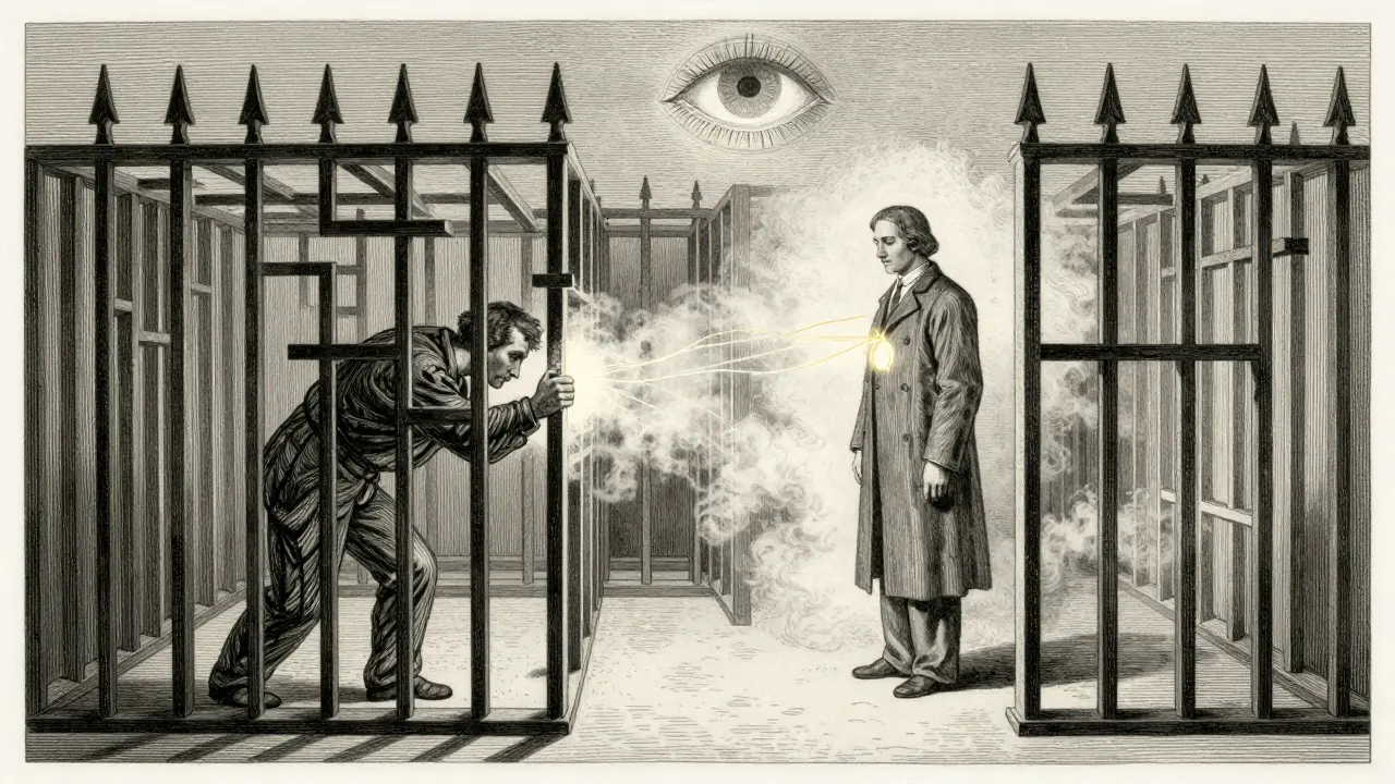 Klient v kleci z černých tyčí, terapeut v centru, kde tyče mizí v mlze, symbolizující empatii jako osvobození.