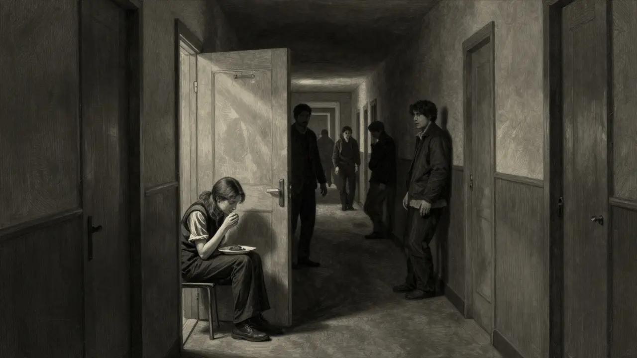 Koridor psychiatrického oddělení, jedna žena jí, světlo na její ruce, ostatní stojí v tísni.