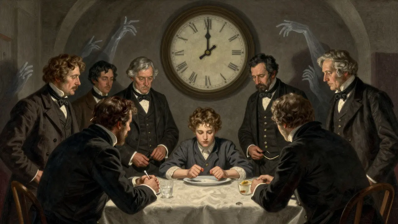 Lékaři kolem stolu, pacientka odmítá jídlo, hodiny ukazují půlnoc, stíny představují fyzický rozpad.