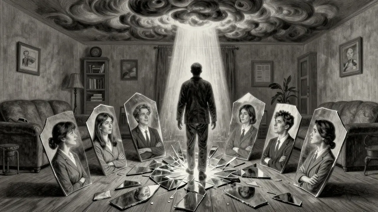 Lomené zrcadlo odrazující postavy z bezpečnostního plánu, zatímco postava táhne po světle.