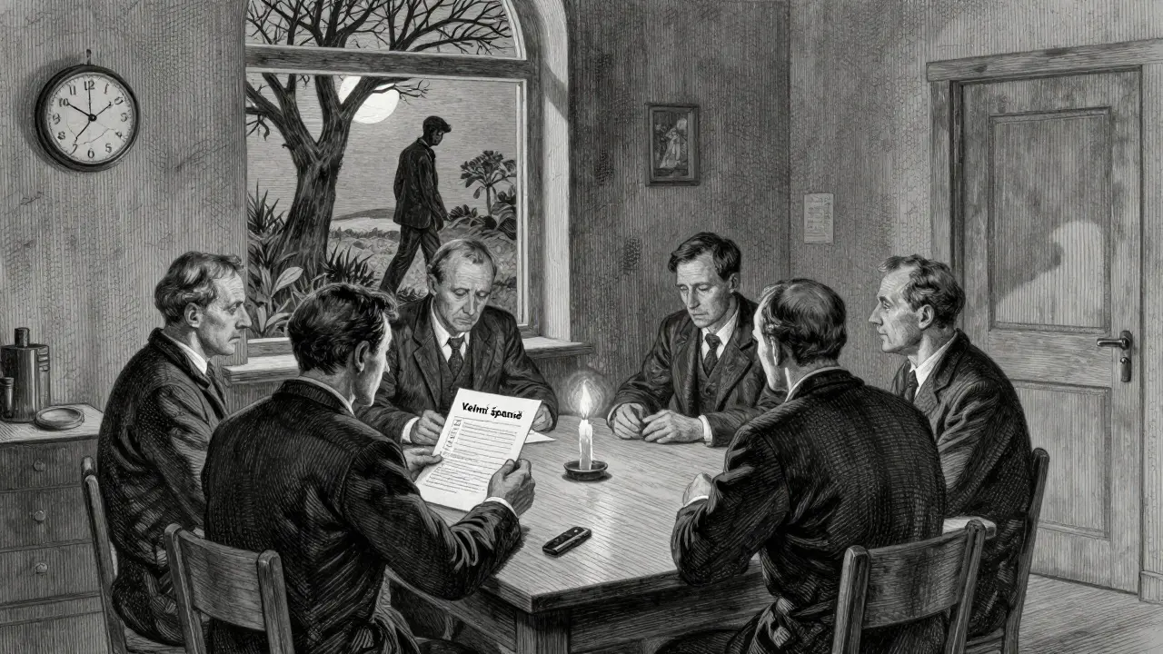 Manažeři sledují anonymní dotazník, venku chodí zaměstnanec pod měsícem, symbolizující potřebu podpory.