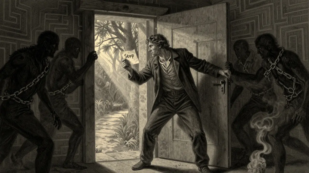 Muž stojí na prahu temné chodby, jedna ruka drží dveře, druhá drží list s 'Stop', před ním světlo, za ním stíny minulosti.