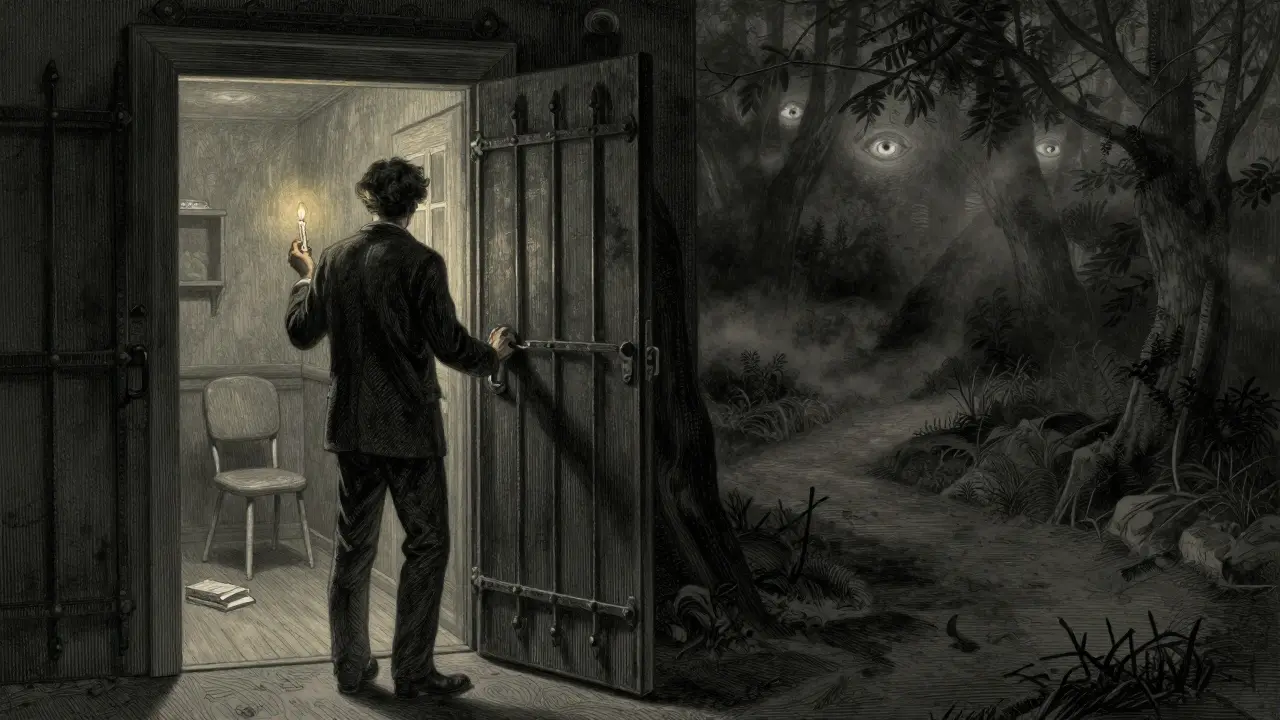 Muž stojí u dveří, jedna ruka drží svíčku, za ním terapeutický pokoj, před ním temná cesta.