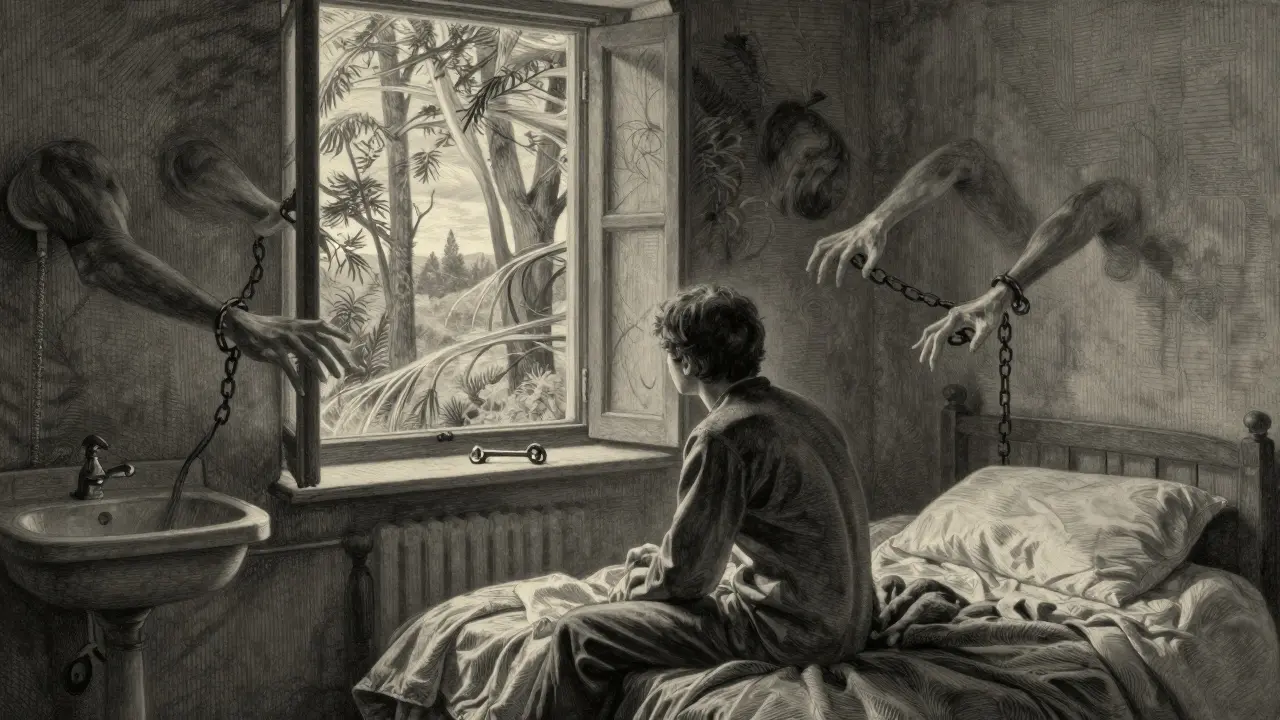 Osoba sedí na posteli a dívá se na klíč na zábradlí, zatímco původní rituály se rozplynou ve vzduchu.