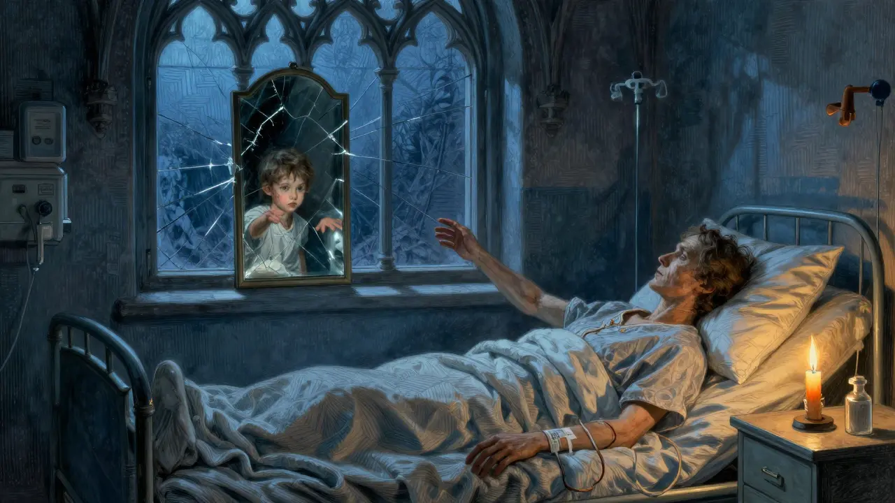 Pacientka leží v nemocničním lůžku, venku za oknem se v zrcadle odráží dětská ruka, září jediná svíčka.