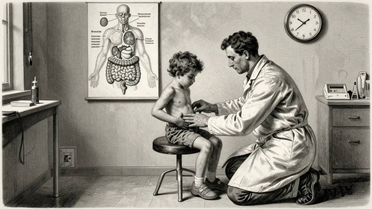 Pediatr vyšetřuje dítě na vysoké stolici, na pozadí je detailní anatomický diagram s temným, doréovským vzhledem.