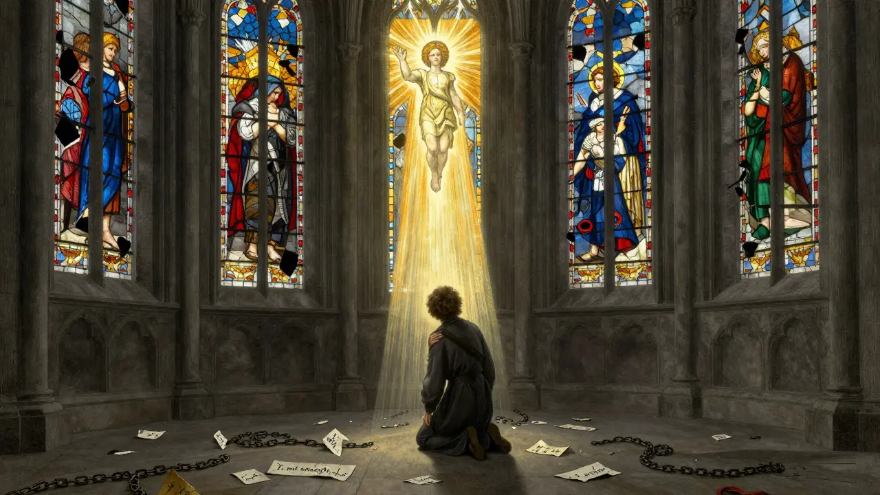 Postava klečí v katedrále, kde průzračné okna zobrazují dětské rány, zatímco dětská postava zasvěcuje světlo.
