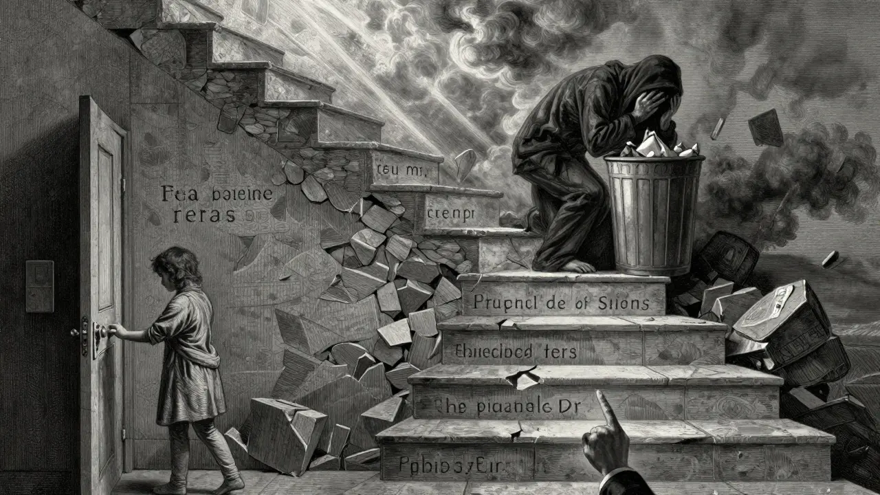 Postava postupuje po schodech strachu, kde nejvyšší stupeň představuje největší strach bez rituálu.