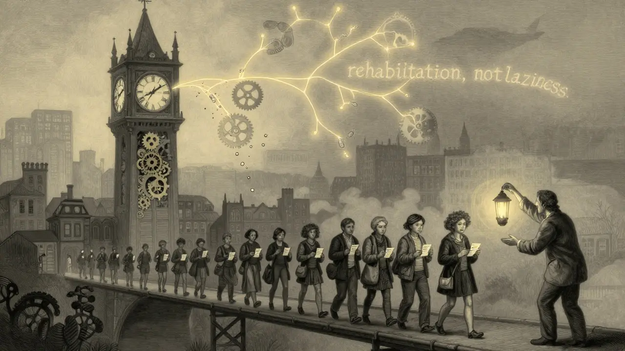 Postavy s ADHD postupují po mostě pod vedením terapeuty, zatímco jejich mozkové funkce se obnovují.