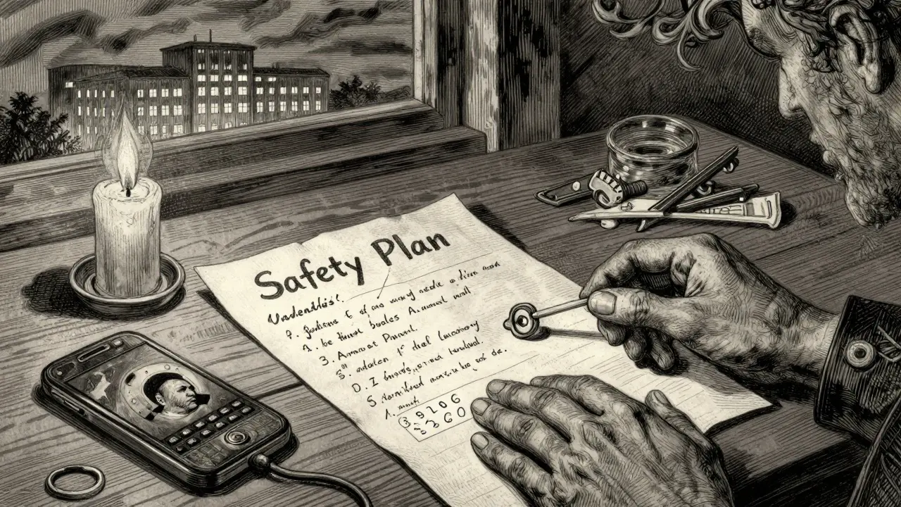 Příručka bezpečnostního plánu na stole s rukama vystupujícími z papíru a svíčkou, za oknem nemocnice.