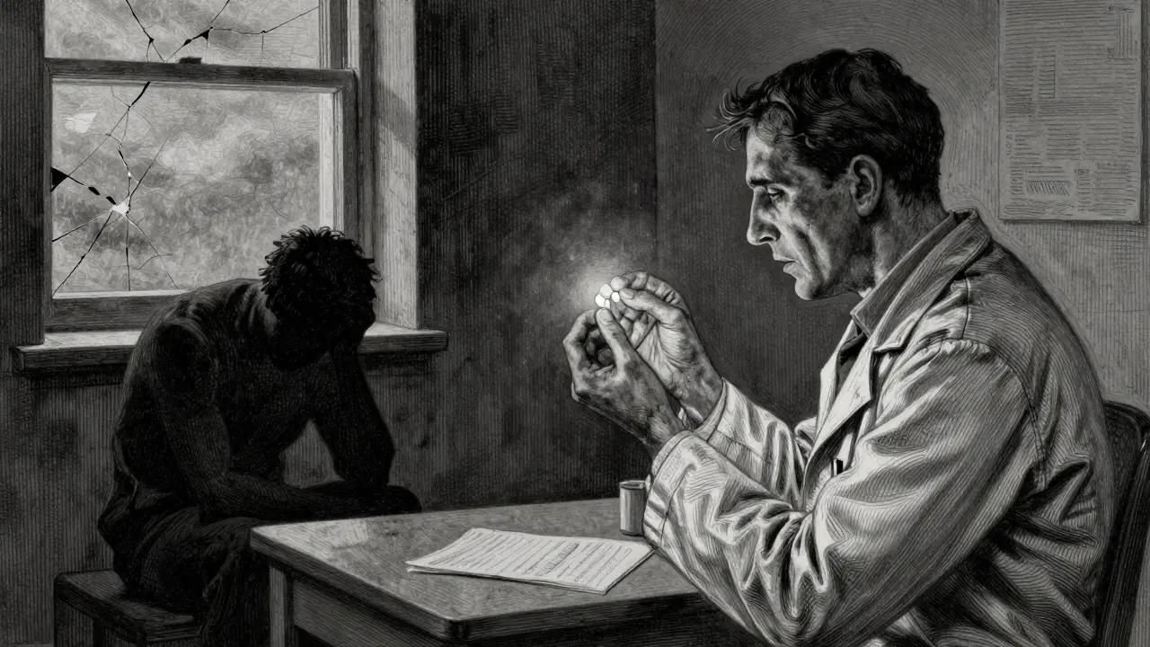 Psychiatra drží lék jako poslední naději, zatímco postava depresivního pacienta zaniká ve stínu.