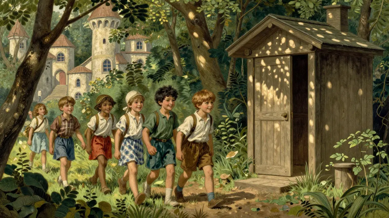 Skupina dětí jde společně k toaletě v lese, jedno dítě drží ruku druhému, symbolizující podporu a bezstresové léčení.