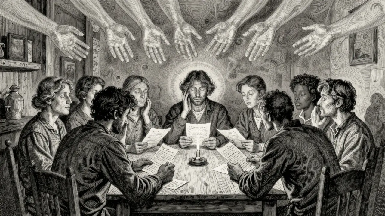 Skupina lidí sedí kolem stolu, drží dopisy, nad nimi se tyčí průhledné ruce, symbolizující podporu, ve vzduchu se rozplynou stíny úzkosti.