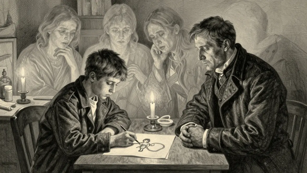 Teenager places symbolic drawing on table while therapist watches, ghostly parental figures looming in background.