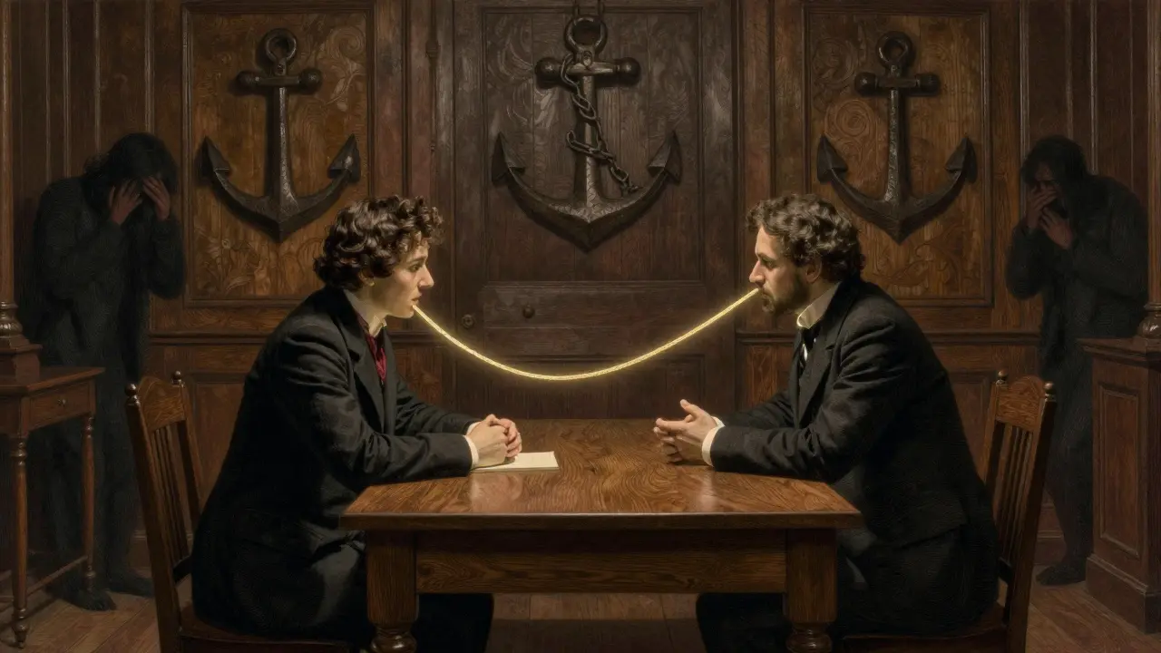 Terapeut a klient sedí u stolu, mezi nimi zlatá nit představující důvěru a zemnění.