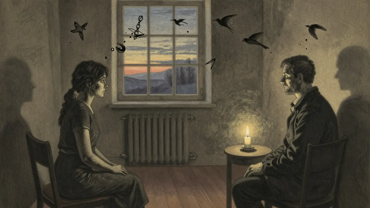 Terapeut a klient sedí vedle sebe v tiché místnosti, kde letí myšlenky jako ptáci a řetězy ve třídním světle.