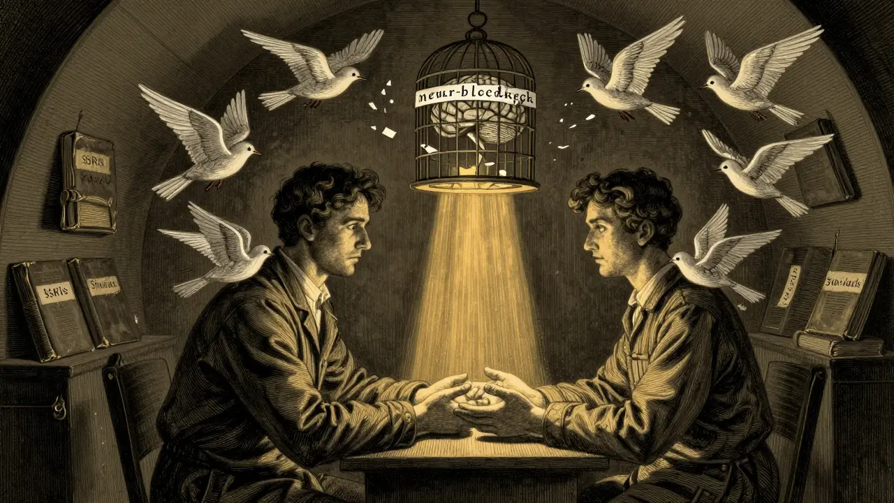 Terapeut a pacient společně sedí, zatímco papírové ptáčky s léčebnými nápovědami landují na jejich ramenech v intenzivně detailní scéně.