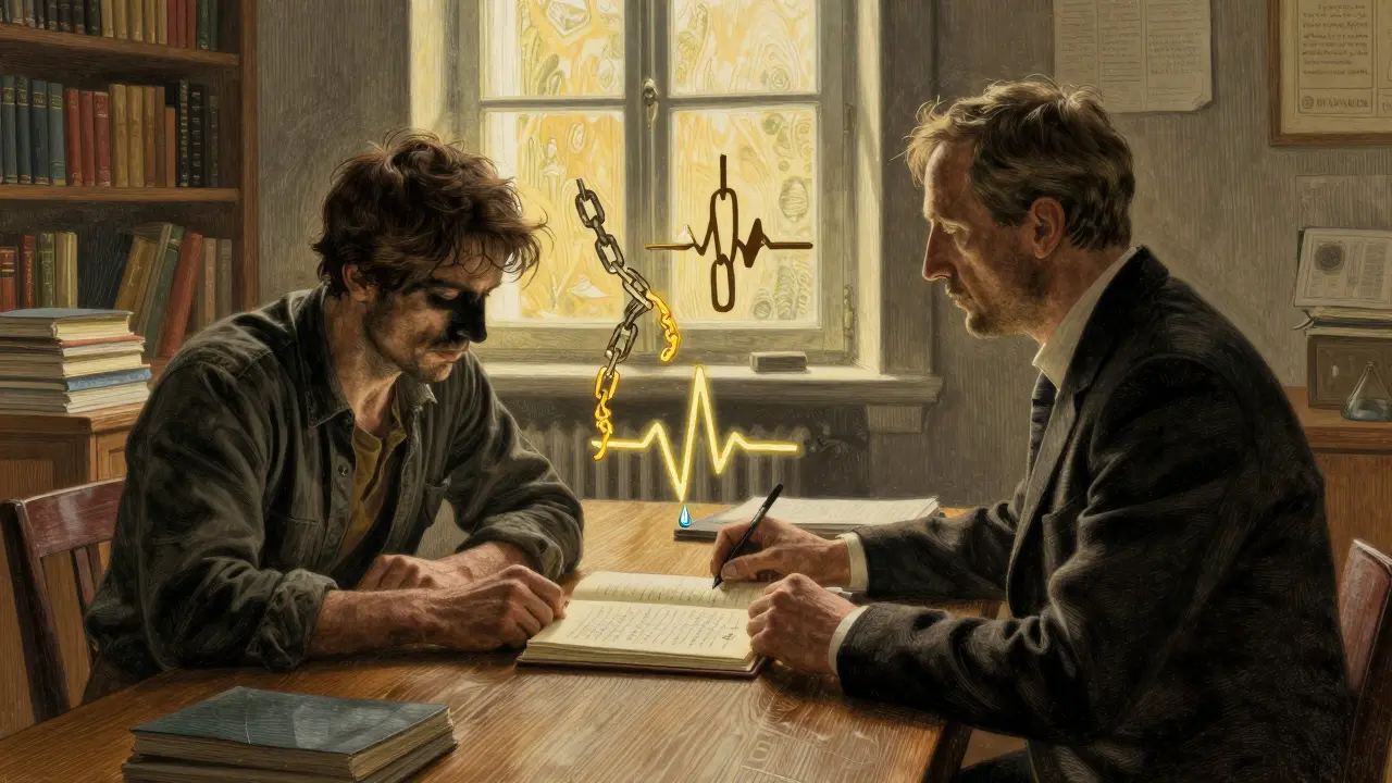 Terapeut a pacientka spolu sedí u stolu, zářící světlo osvětluje otevřený deník a kapku slzy.