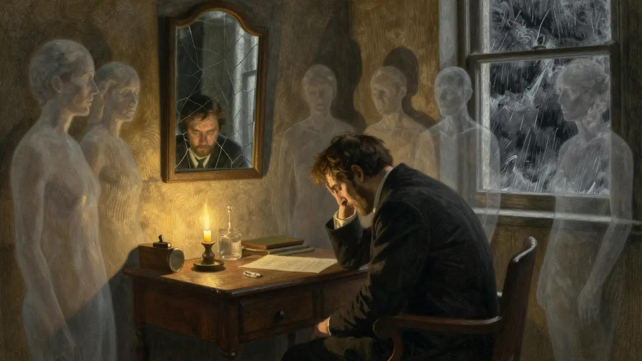 Terapeut v kanceláři s odrazem klientů v zrcadle, kolem něj plavou průhledné postavy, kteří našli klid.