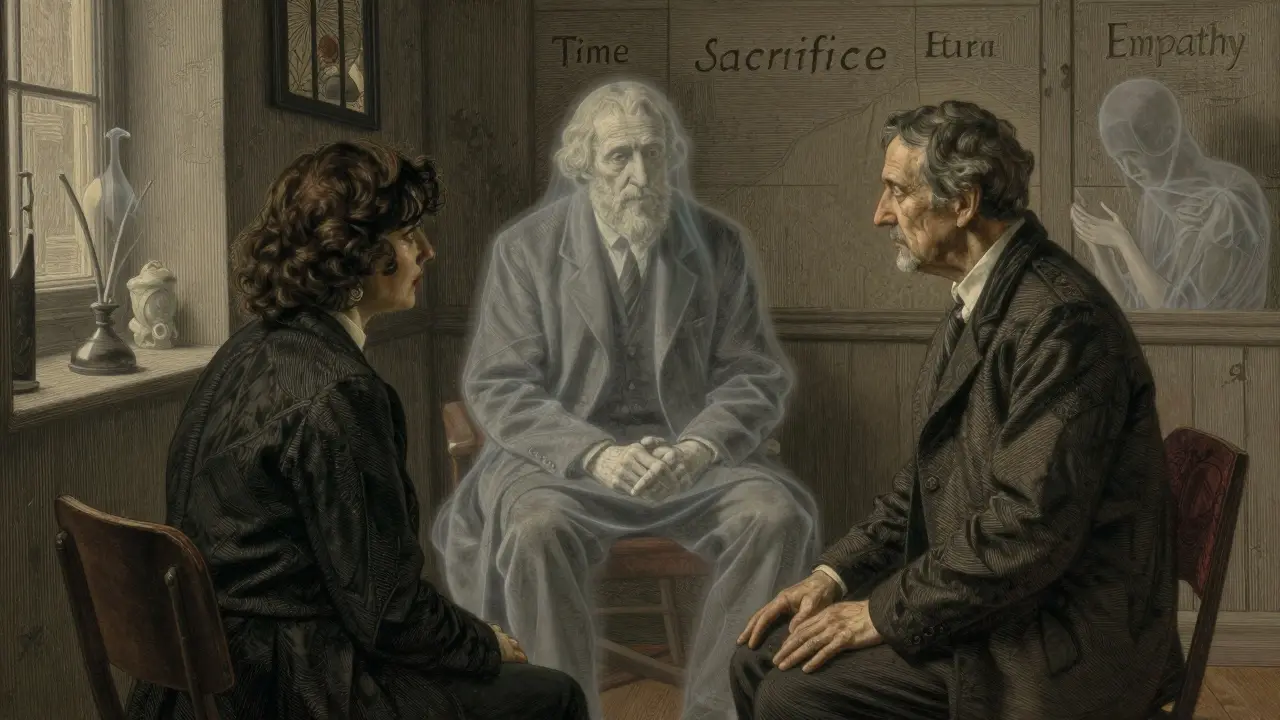 Therapist in session with ghostly memories of their training, showing unseen costs of healing others.