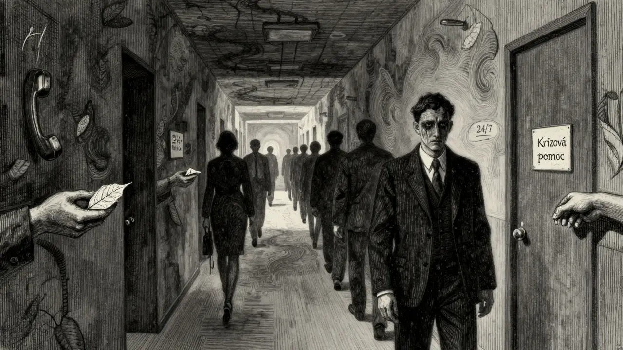 Tmavá korespondenční chodba s postavami zaměstnanců a tajemnými rukama nabízejícími pomoc.