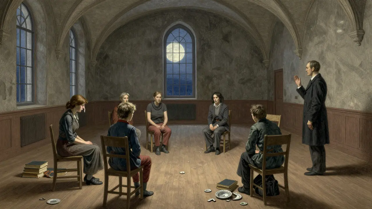 Více rodin společně na terapii, jedna matka pláče, terapeut stojí v pozadí.