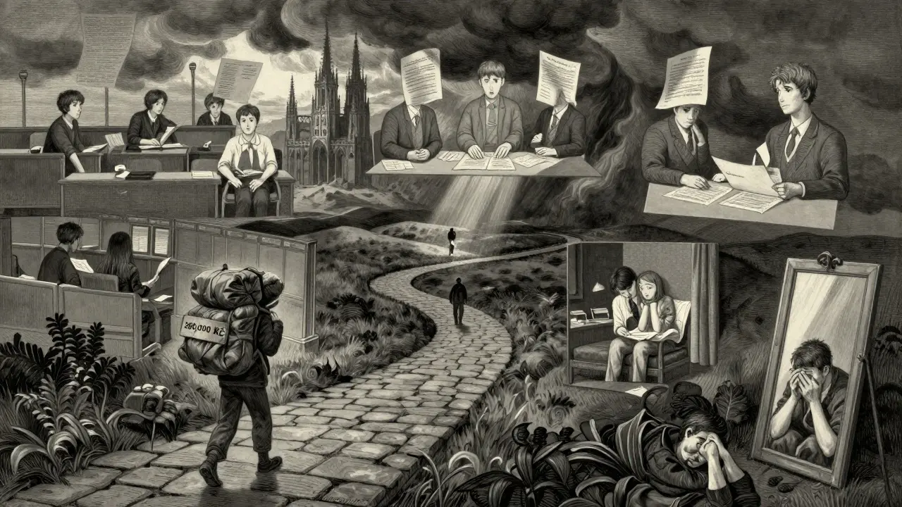 Winding path of five-year psychotherapy training through stormy landscape with symbolic burdens and exams.