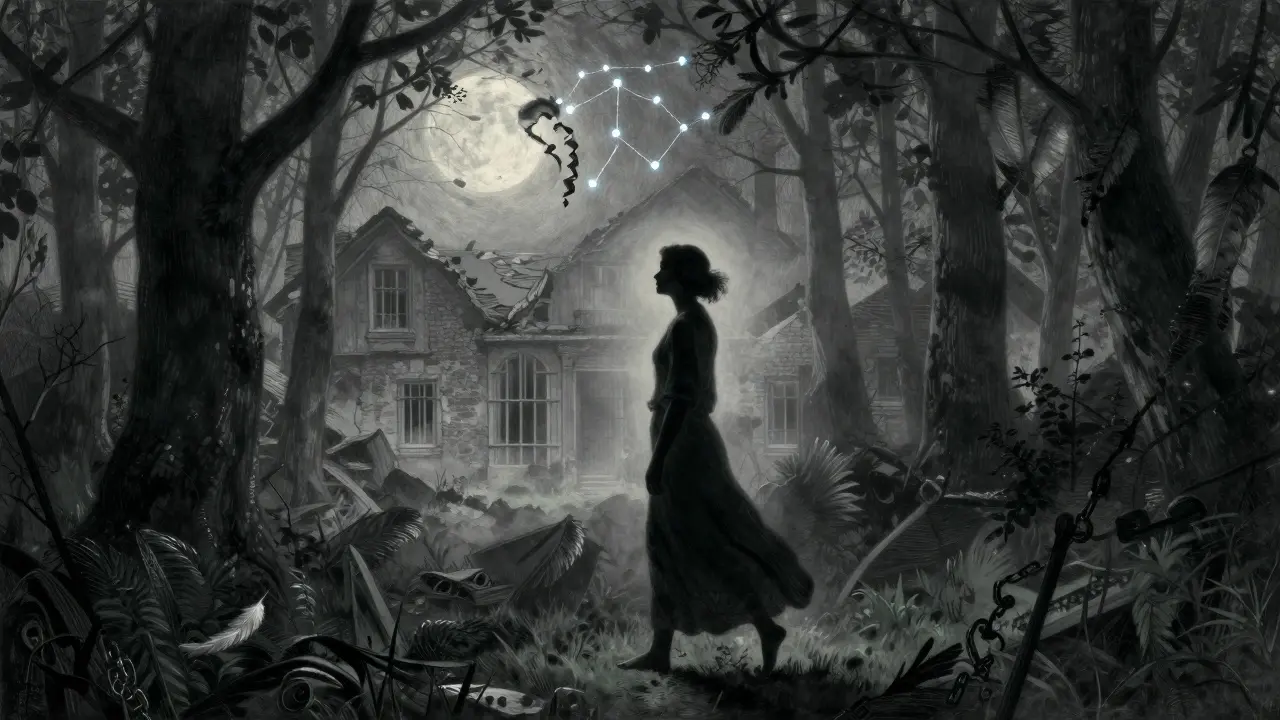 Žena kráčí lesem pod měsícem, za ní zaniká hrad, nad ní se láme srdce v peří.