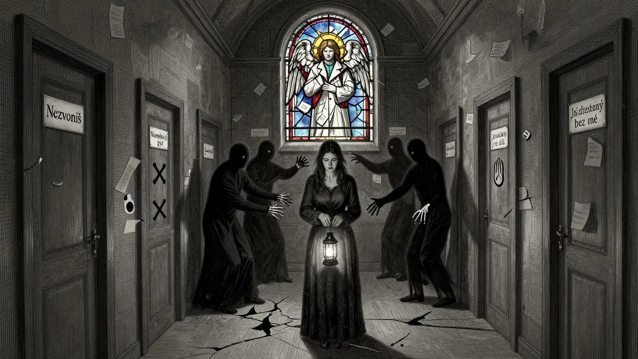 Zlomený chodba s dveřmi označenými kontrolními frázemi, žena drží svíčku proti stínům násilí.