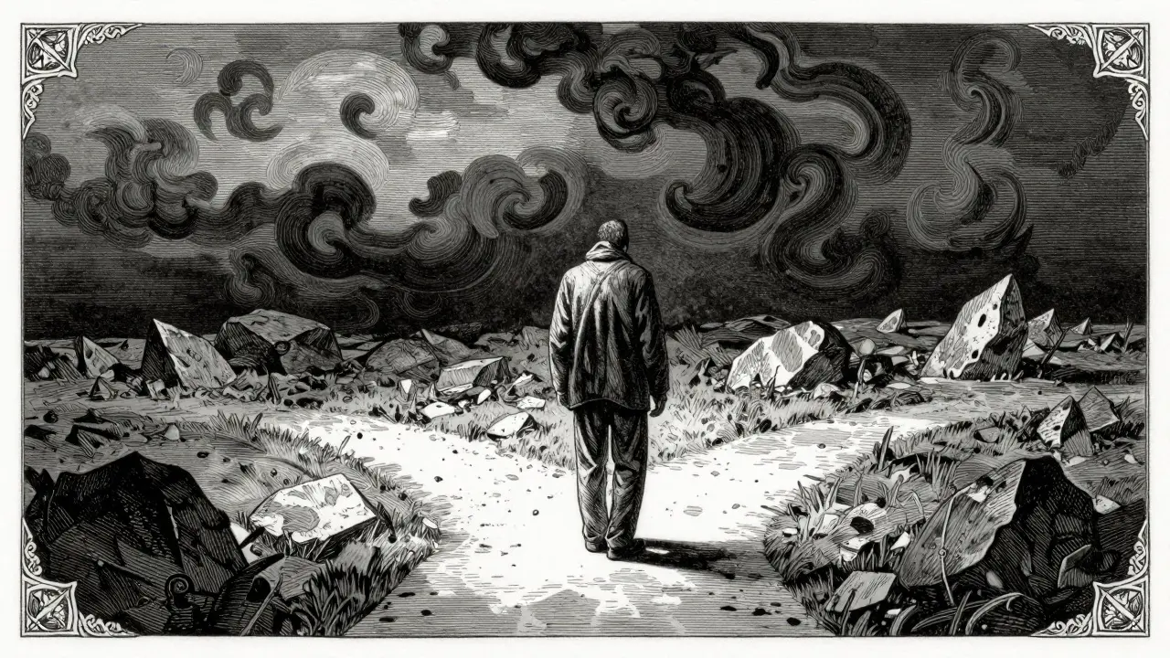 Abstraktní znázornění boje o duševní zdraví mezi světlem a temnotou trauamy.