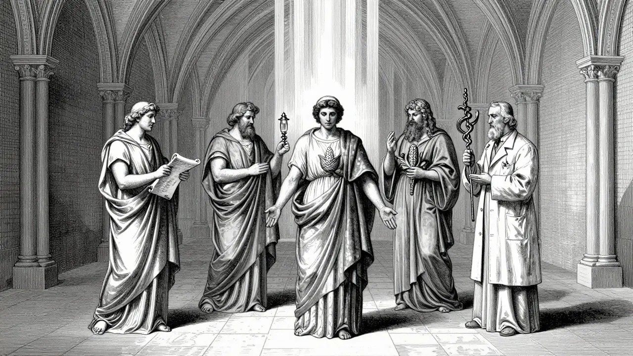 Alegorické zpodobnění multidisciplinárního týmu pomáhajícího pacientovi v léčbě v gotickém stylu.