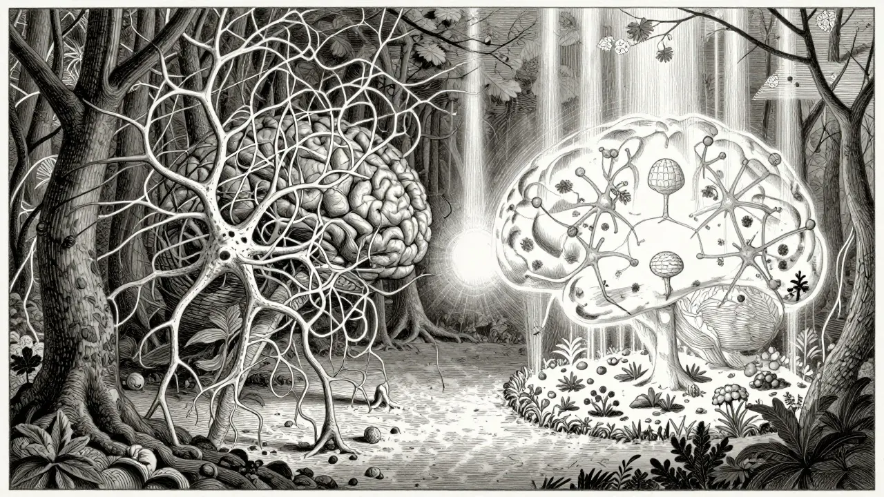 Alegorie změny mozku z chaosu do harmonie v podobě detailní kresby.