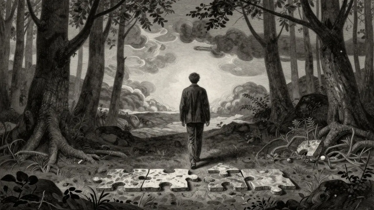 Člověk odchází z temného lesa směrem ke světlu, symbolizující nalezení správného terapeuta.