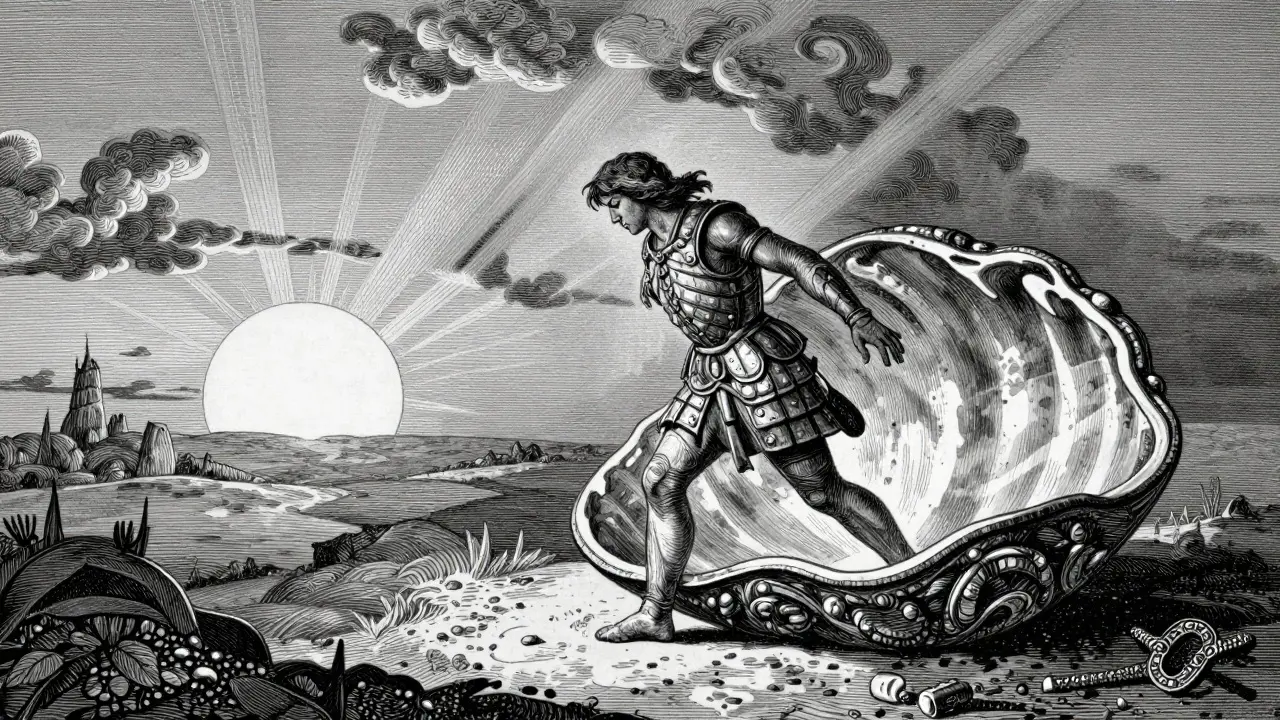 Člověk opouštěje těžké brnění symbolizující ostych a kráčí vstříc novému začátku.