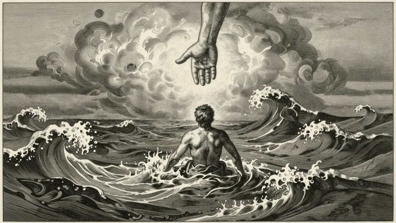 Člověk v bouřlivém oceánu emocí s pomocnou rukou symbolizující terapii.