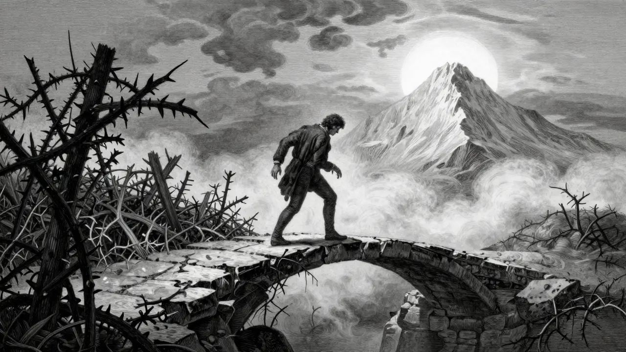 Gravura muže váhajícího na mostě mezi temným křovím a vzdáleným zářivým vrcholem.