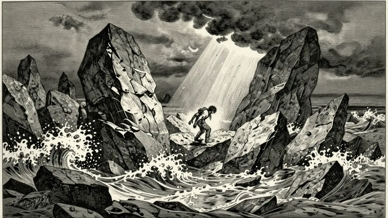 Ilustrace člověka v bouřisté krajině symbolizující boj s emocionálními výkyvy a impulzivitou.