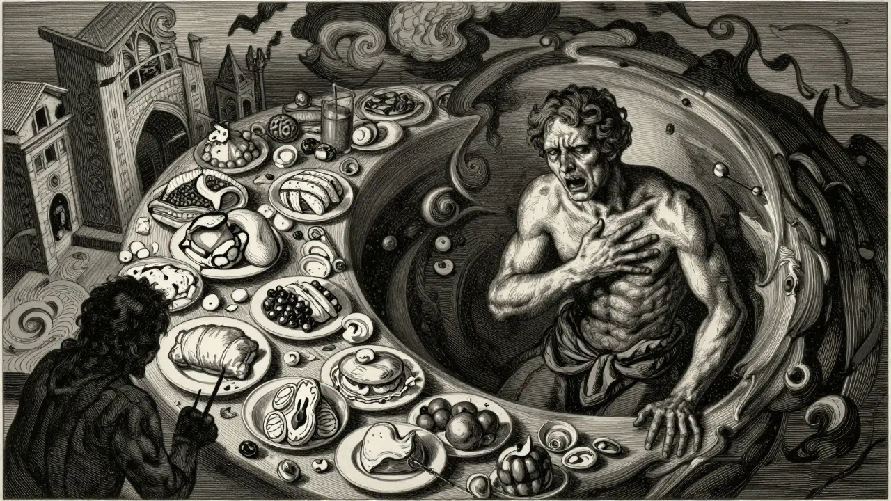 Ilustrace v stylu Doré znázornující emocionální chaos a cyklus bulimie.