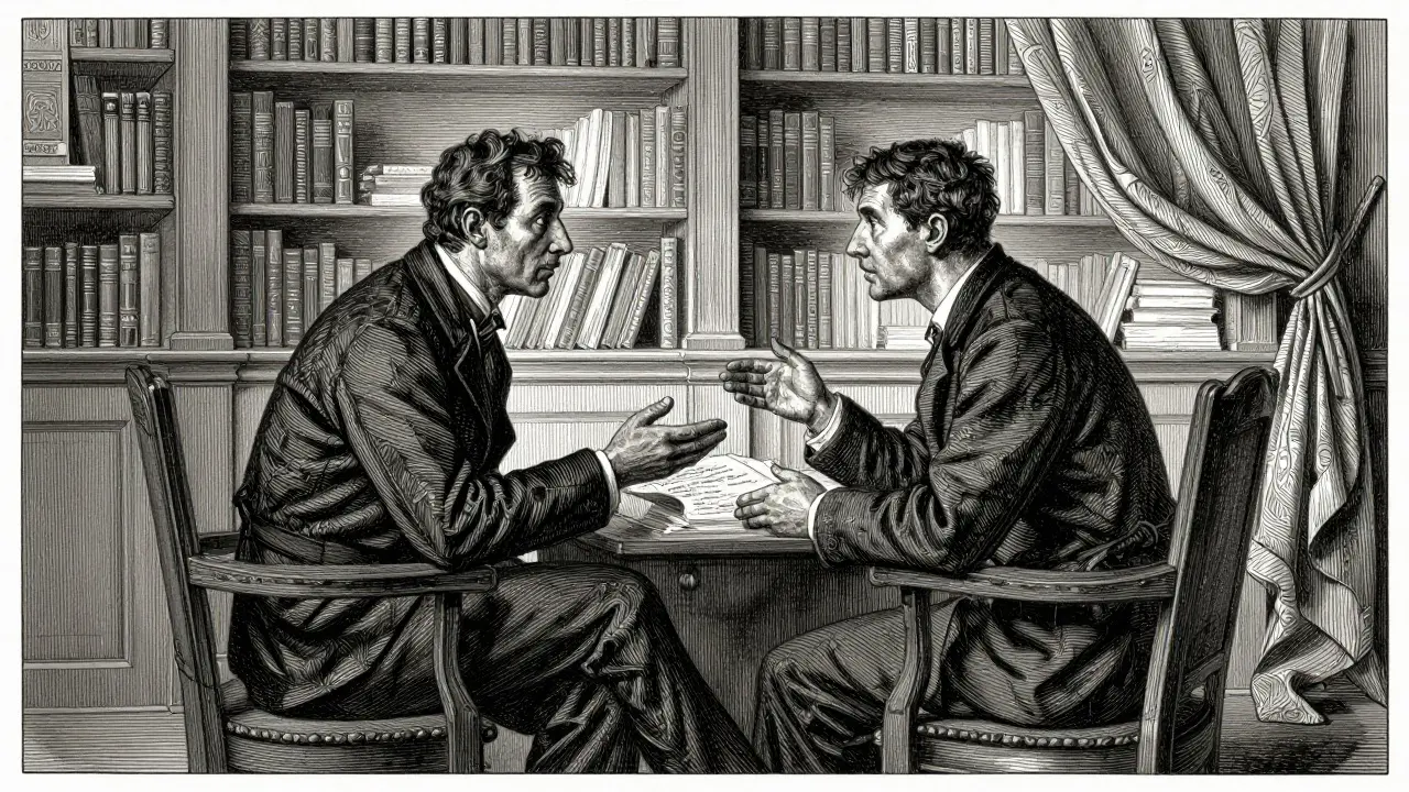 Klient a terapeut sedí naproti sobě v klasické pracovně, budují vzájemnou důvěru.