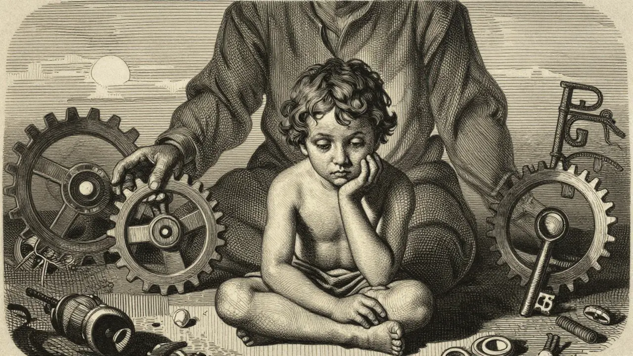 Konceptuální obraz dítěte s autismem hledajícího rovnováhu mezi učením a autenticitou.