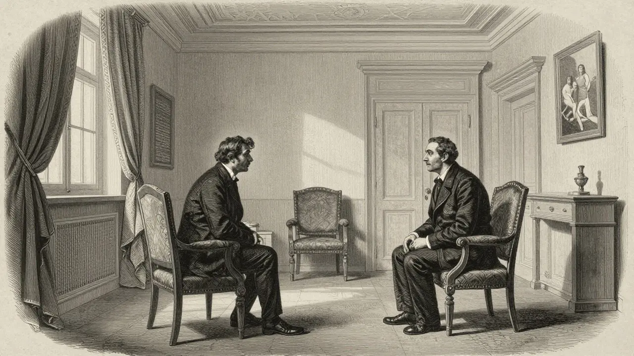 Konverzace dvou osob v klidné ordinaci zaměřená na vyjasnění hranic.