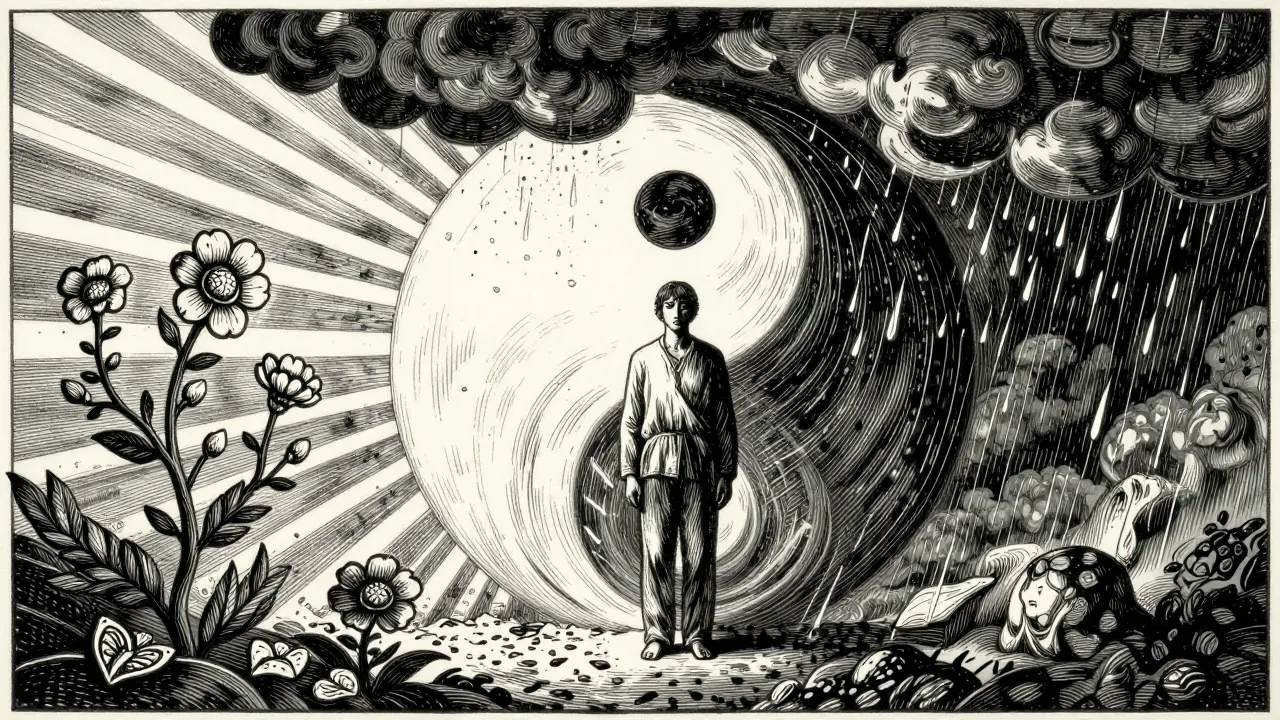 Kresba člověka v rovnováze mezi světlem a bouří, symbolizující psychickou odolnost.