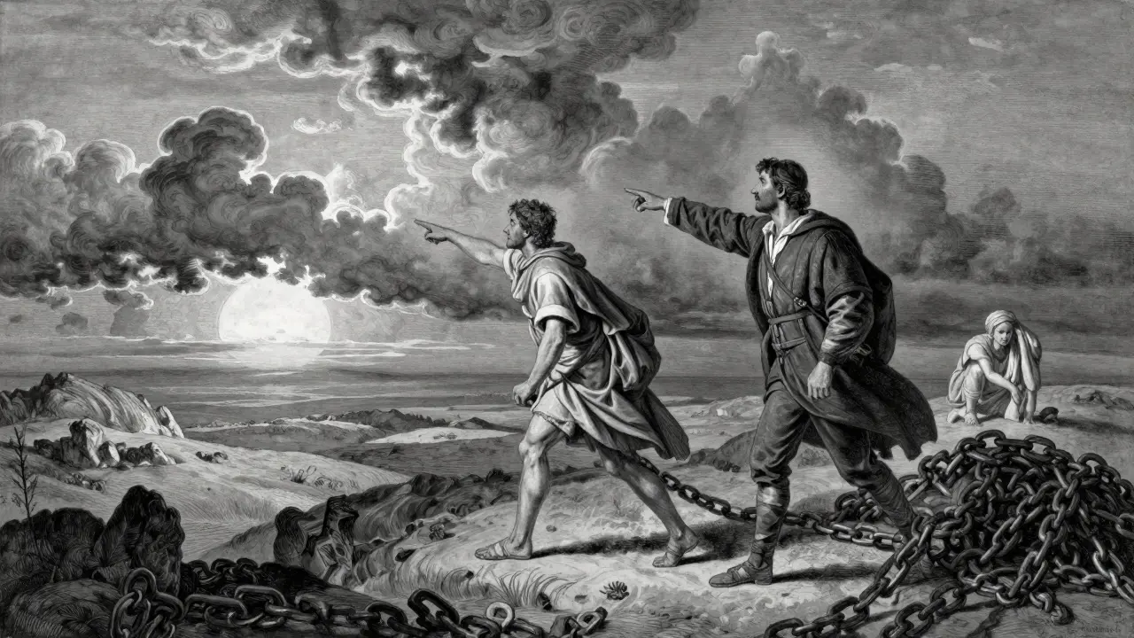 Kresba průvodce a cestovatele, který opouští řetězy a kráčí vstříc slunci.