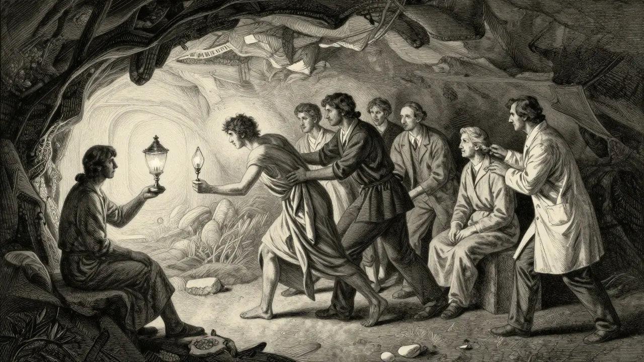 Kresba v stylu Doré znázornující cestu z temnoty k uzdravení s pomcí odborníků.