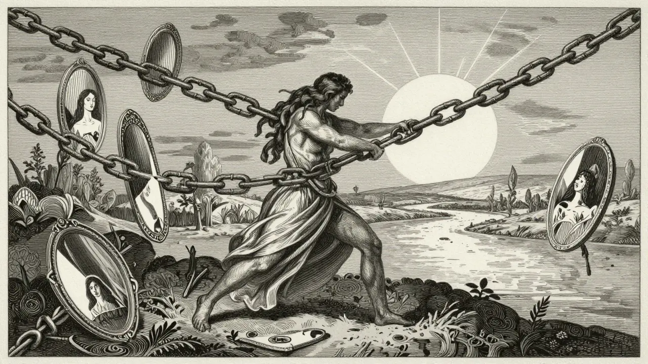 Kresba v stylu Doré zobrazující osvobození z řetězí nereálných krásných standardů a cesta k míru.