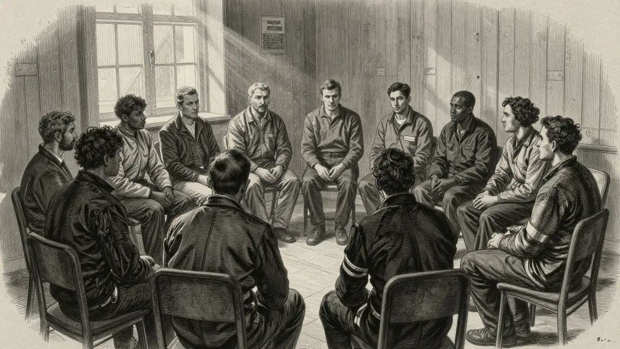 Kruhový debriefing záchranářů v místnosti, ilustrovaný ve stylu staré grafiky.